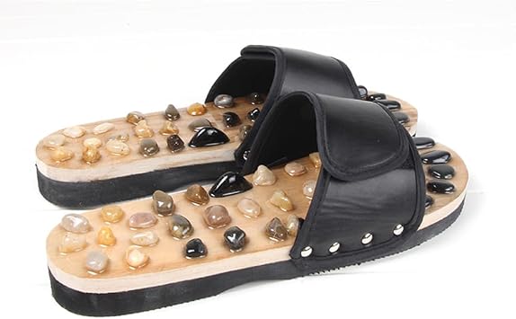 Reflexology Foot Massager Slipper Acupuncture Massage Sandals with Natural Stones Acupoint Massage Shiatsu for Foot Pain Relief Suit for Men and Women S Black