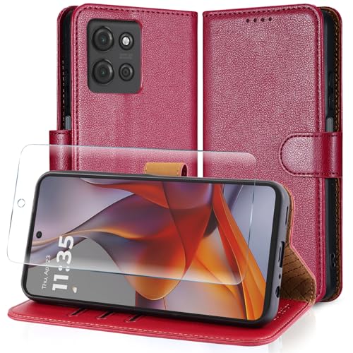 Case Collection - Case Collection for Motorola G75 Case and Screen Protector - Leather Folio Flip [Kickstand] Shockproof Cover [RFID Blocking] Magnetic Wallet for Motorola Moto G75 5G Phone Case Red