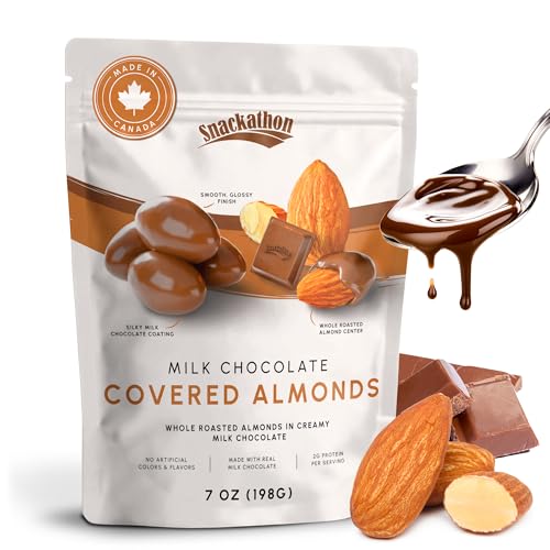 Snackathon Milk Chocolate Covered Almonds, 7 oz Resealable Bag, Whole Roasted Almonds Coated in Creamy Milk Chocolate, Crunchy & Smooth Almond Candy, Made in Canada