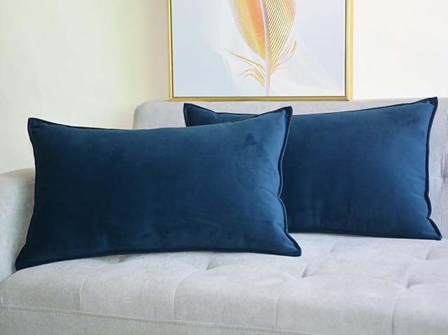 Lutanky Pack of 2 Velvet Cushion Covers Navy Blue Decorative Rectangle Throw Pillow Case Soft Flanges Pillowcases for Sofa Bedroom with Invisible Zipper 12x20 Inch 30 x 50 cm