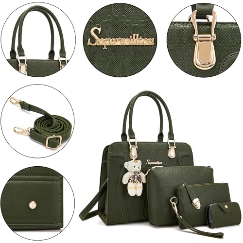 Image of Women's Fashion Handbag Tote Bag Shoulder Top Handle Satchel Purse Set 4pcs | Stylish Style,Chain Texture Design,Ample Space,Bear Doll Decoration,with a Crossbody Strap