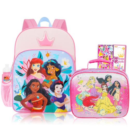 Disney Mochila princesa com conjunto de lancheira – Pacote com mochila de 40,6 cm, lancheira, adesivos, garrafa de água, mais | Disney Princess School Bag para meninas, Multicor, Disney Princess