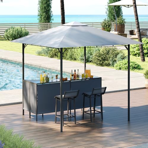 GOPLUS 3 Pcs Abri Barbecue Jardin Exterieur avec Bar Exterieur, Tonnelle Barbecue avec 2 Tabourets Bar, Rangement, Plateau en Verre Trempée,Porte-Verres, en...