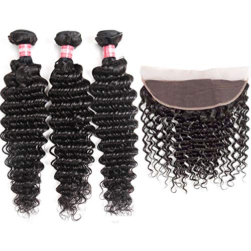 WENYU Brazilian Virgin Deep Wave Human Hair 3 Bundles with Frontal Lace Closure 13x 4 Ear to Ear Lace Frontal with Bundles Weave Natural Black(Deep 18 20 22+16 Frontal, Deep Wave Bundles with Frontal)