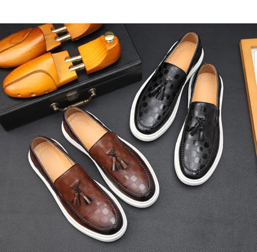 Men's Classic Business Plaid Pattern Leather Tasseled Loafers Comfortable Round Toe Non-Slip Flat Walking Shoes3