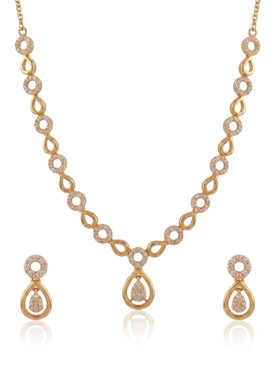 Gold-Tone Crystal Teardrop Necklace and Earrings Set, CZ Stone, Elegant Jewellery Set for Women-image-33