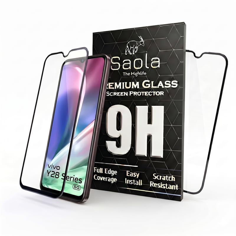 Image of Saola HD Clear Tempered Glass for Vivo Y28s | High Strength 9H Protection, Smooth Touch, Full Coverage Screen Guard, 2-Step Installation Kit | Quick & Easy Application (Pack of 2)