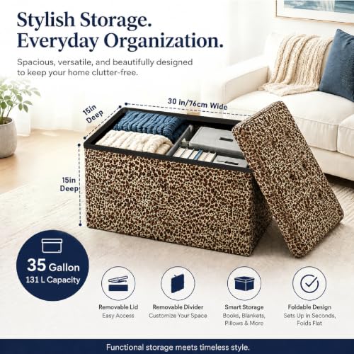 Image of ALASDO 30 Inch Folding Storage Ottoman Bench with Hidden Storage, PU Leather Ottoman Foot Rest Stool, End of Bed Bench for Bedroom, Living Room, Entryway and Closet, Leopard Print