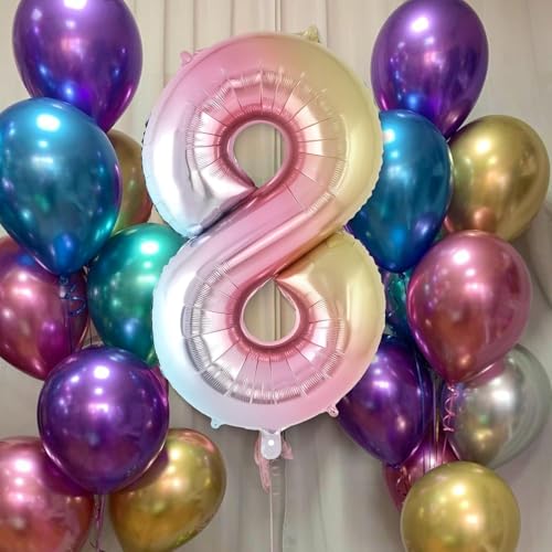 Image of Rozi Decoration Shiny Rainbow Number 8 Foil Balloon 32 Inch - Large Gradient Metallic Birthday Balloon for Kids & Adults | Easy to Inflate, Durable & Reusable Party Decoration Pack of 1 Pcs