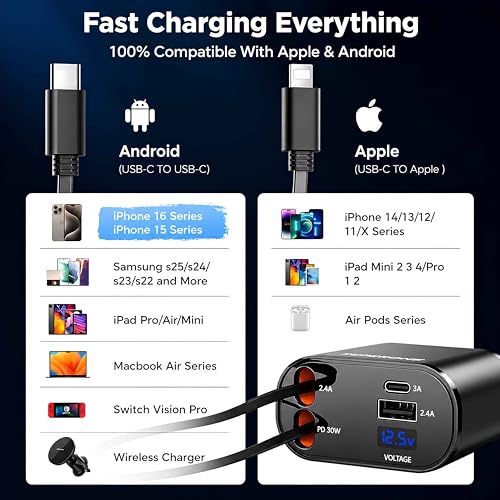 Image of 120W Retractable 4-in-1 Fast Car Charger (2026 New Version) | Built-in Type-C & Lightning Cables | Dual USB Car Mobile Charger | Compatible with iPhone 17 to 11, Samsung, Android & USB Devices