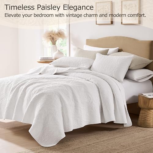 Image of palassio White Paisley 100% Cotton Quilt Twin Size Bedding Sets with 1 Pillow Sham, Boho Floral Lightweight Farmhouse Country Vintage Soft Bedspread Shabby Chic Coverlet for All Season, 2 Pieces