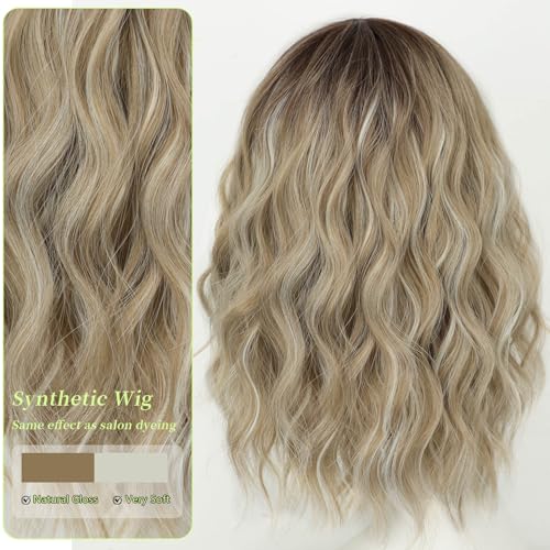 Image of AISI HAIR Curly Bob Wig with Bangs Short Wavy Soft Beige Ash Blonde Wigs for Women Bob Style Synthetic Heat Resistant Bob Wigs