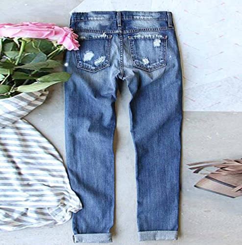 Boyfriend Jeans for Women Mid-Waist Distressed Ripped Hole Patch Flower Print Straight Denim Pants3