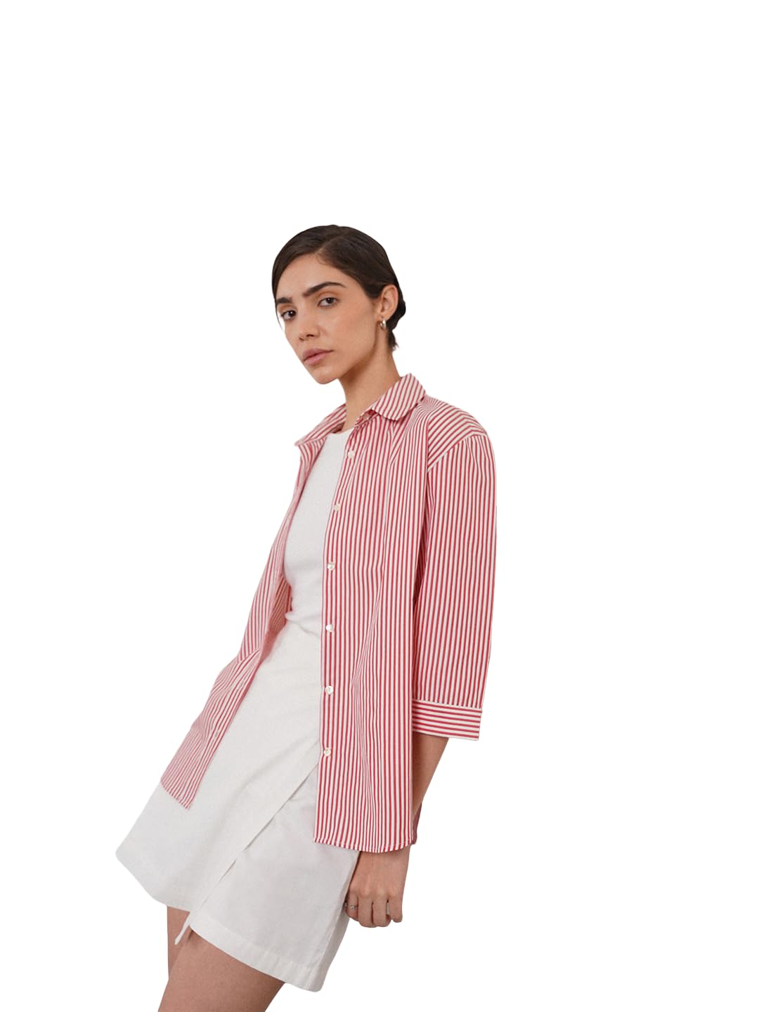 fablestreet Women Shirt Casual & Work Wear | Relaxed Fit Polo Neck Three-Quarter Sleeve Striped Design | Breathable Cotton Blend Fabric & Comfortable Smart-picture-14