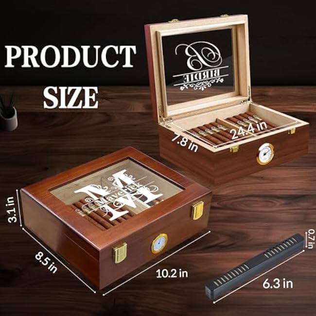 SRdrew Custom Wood Box with Hygrometer, Clear Acrylic Top Display, Personalized Storage Case with Humidifier