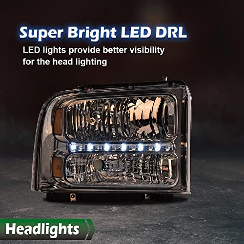 Image of GRAND ORANGE LED DRL Headlights Assembly, Compatible with 2005 2006 2007 Ford F250 F350 F450 F550 Super Duty bumper Headlamp, Amber Corner Headlight(Clear lens Chrome Housing Amber Reflector)