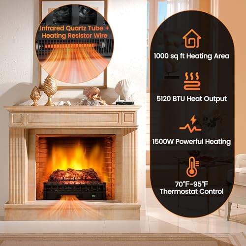Image of Tangkula 26 inch Infrared Quartz Electric Fireplace Log Heater with Realistic Pinewood Ember Bed, Electric Fireplace Heater Insert with Overheat Protection, Thermostat, 8H Timer, Remote Control, 1500W