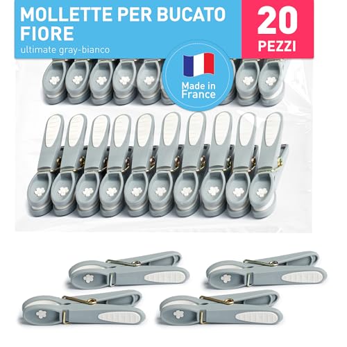 culiclean Mollette per Bucato fiore, stabili e con motivo floreale 20 mollette grigio ultimate grey, robuste Soft Grip Clip Clothes Pegs resistenti ai raggi UV, mollette per stendere il bucato