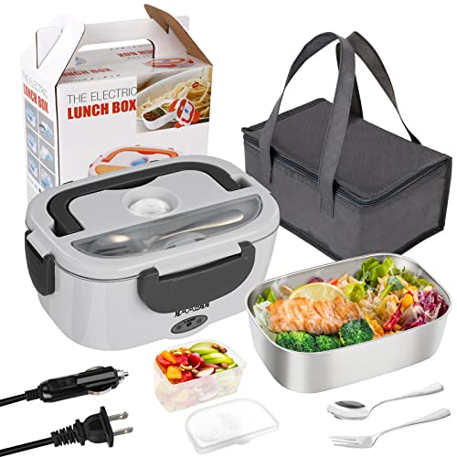 Electric Lunch Box Rapid heating Self Heating Lunch Box 110V &12V Portable Microwave Food Warmer for Car Home Office, Food Heater with Stainless Steel Lunch Container & Carry Bag(Dark Grey)