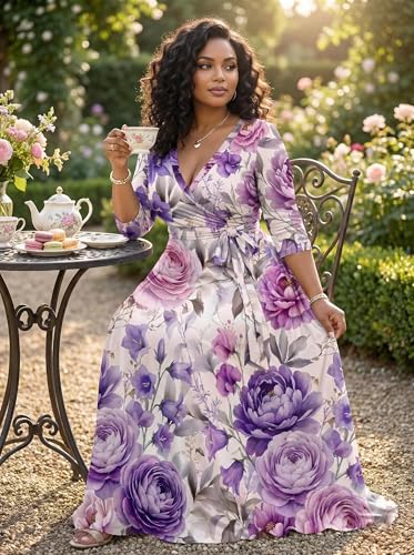 Image of SUZONANA Plus Size Dresses for Women Floral Print Maxi Dress Flowy 3 /4 Sleeve with Belt
