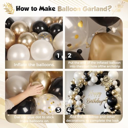 Image of Black and Gold Balloon Arch Garland Kit 150pcs 2026 New Year's, Double Stuffed Pearl Sand White Black Chrome Gold Balloons Arch Kit for Graduation Father's Day Birthday Party Decoration