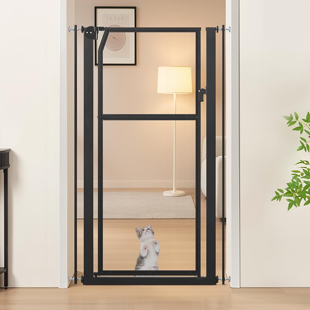 unipaws 56" Extra Tall Pet Gate, Clear Transparent Tall Cat Gate, 29.5-33.5" Wide No Drilling Pressure Mounted Dog Gate for Doorway, Hallway, Stairs, Black