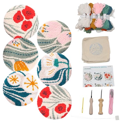 Mooncci Punch Needle Coaster Kit, 6pcs Flower Pattern Needle Punch Kits with Tools and Instructions for Adults Beginners, Great Festival Gift and Decoration Ideas