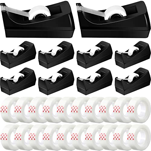 Yahenda 10 Pack Black Desktop Tape Dispenser Non Skid Base with 0.7 x 985 Inches Invisible Tape Refills Bulk Weighted Roll Dispenser for Office Home School