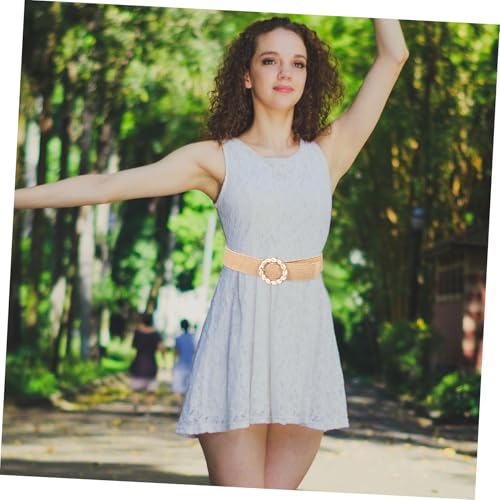 Women Elastic Wide Waist Belt with Natural Round Buckle and Shell Accents for Vacation Outfits for Dresses and Casual Wear4