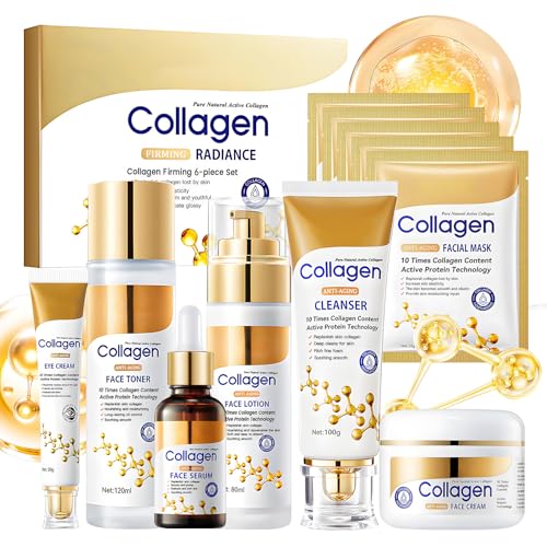 Coffrets de Soins pour la Peau, Collagène Coffret Soin Visage Femme, Coffret Soin Inclure Nettoyant Visage, Toner Visage, Crème Visage, Collagene Masque,...