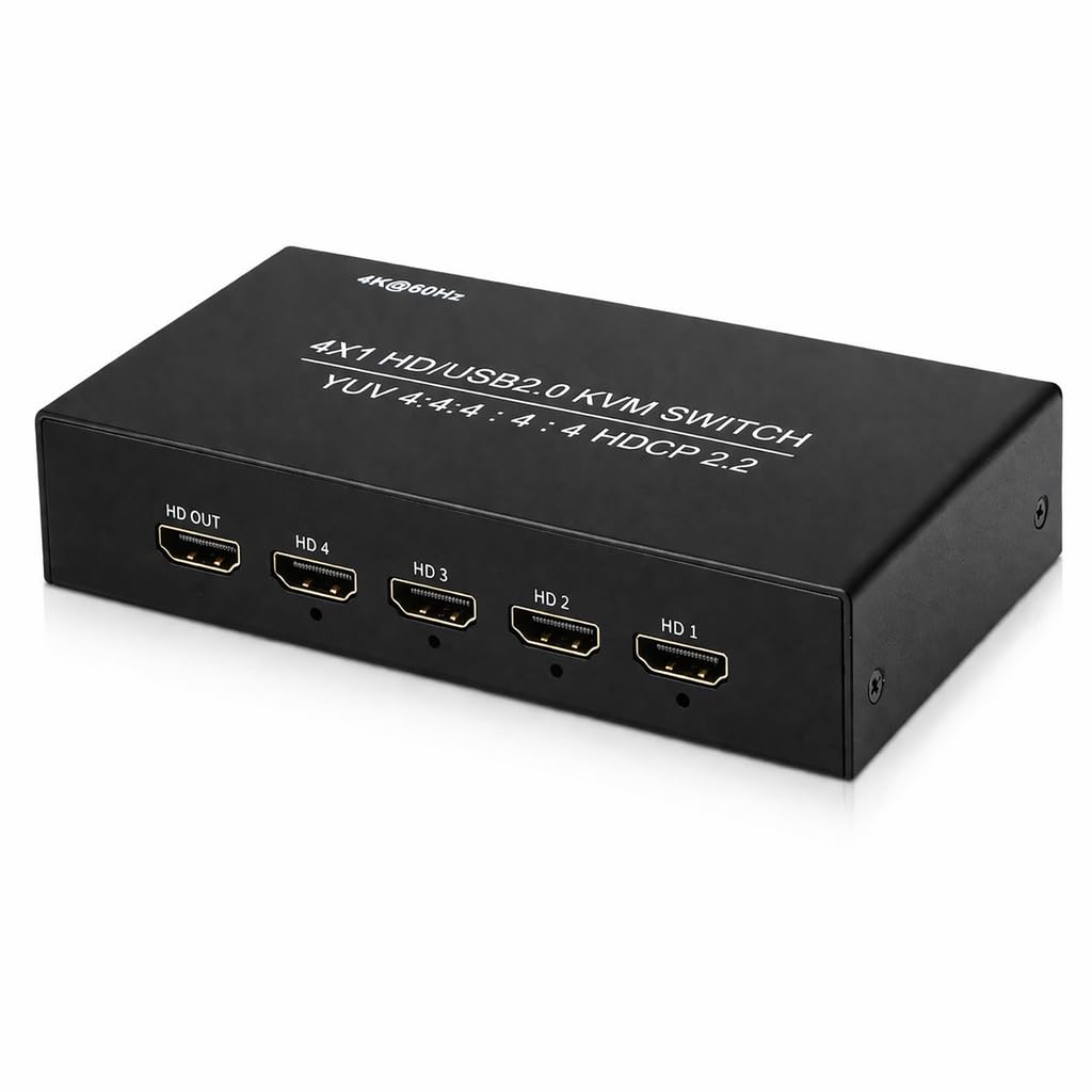 Gugxiom Przełącznik HDMI 4 Wejścia 1 Wyjście Stacja Udostępniania KVM 4K 60 Hz, Rozdzielacz HDMI Z Pilotem dla 4 Komputerów Udostępnianie Wyświetlacza Klawiatura Mysz Drukarka Z Portami