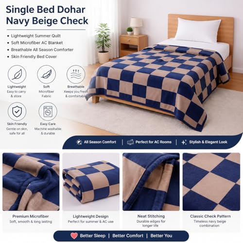 Image of Single Bed Dohar Navy Beige Check | Lightweight Summer Quilt | Soft Microfiber AC Blanket | Breathable All Season Comforter | Skin Friendly Bed Cover
