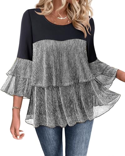 Bebonnie Cocktail Blouses for Women Evening Party: Ladies Sequin Glitter Wedding Guest Dressy Tops Long Sleeve Elegant Fall Winter Shirts Disco Tunics Tops for Women 70s 80s Sparkly Black Silver XL
