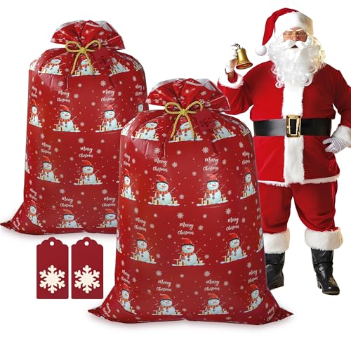 Childom 2 Pcs Large Christmas Gift Bags Large Gift Bag 37 x 57 Jumbo Christmas Gifts Bag Giant Plastic Gifts Bags with Tag Rope XL Red Snowman Sack for Huge Presents Xmas Decor Party Favors Wrapping