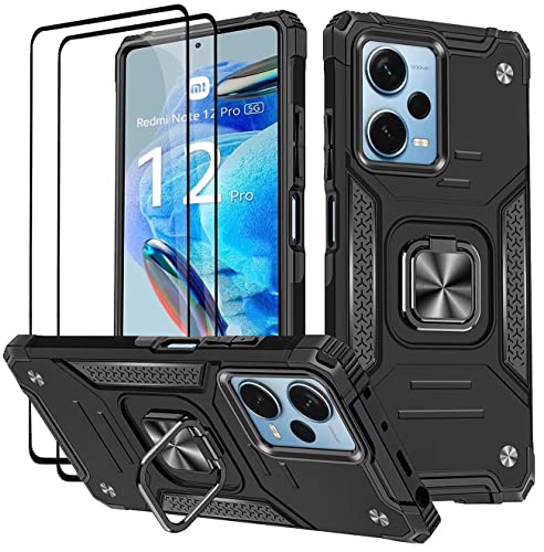 Cover per Xiaomi Redmi Note 12 Pro 5G Poco X5 Pro 5G Vetro Temperato 2 Pack Custodie 360° Rotante Anello Magnetica Ring Supporto Bumper - silicone tpu nero