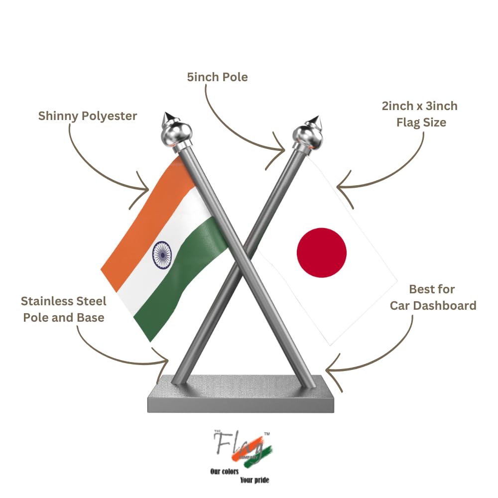 The Flag Company India & Japan Car Dashboard Flag 2x3 Inch Premium Flags with Stainless Steel Pole & Base | Compact Dual Display for Car Interiors & Desks 1