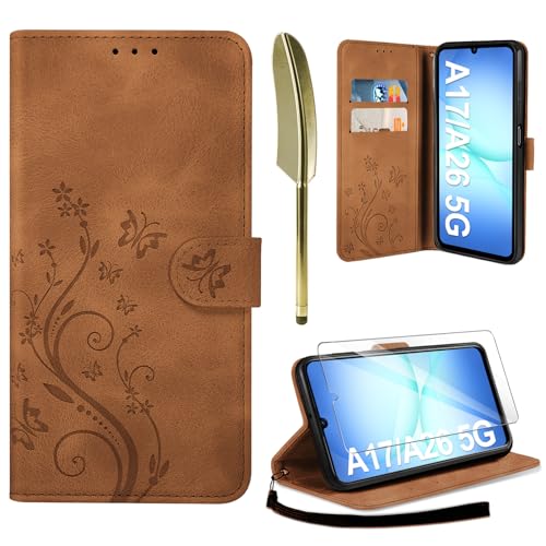 AROYI Lederhülle Kompatibel mit Samsung Galaxy A17 5G/A26 5G Hülle & Schutzfolie, Flip Wallet Handyhülle PU Leder Hülle Schutzhülle Kompatibel mit Samsung Galaxy A17 5G/A26 5G Braun