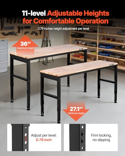 Image of VEVOR Adjustable Workbench, 2000 lbs Capacity, 61 x 20-inch Heavy Duty Work Bench with 27.1-36 Inches Height Adjustment, Garage Workbench with Power Outlets, Suitable for Office, Garage, Workshop