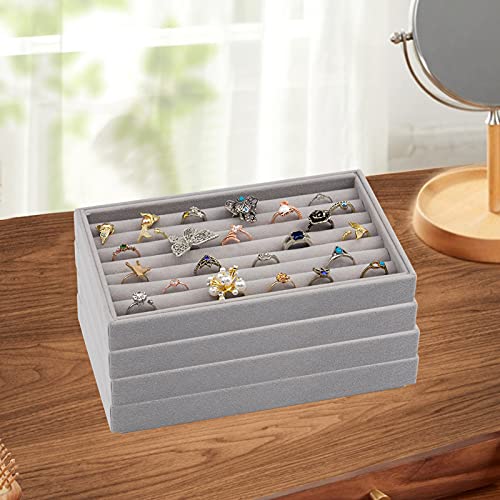 Image of Tasybox Velvet Jewelry Trays Organizer for Drawers, Small Stackable Jewelry Display Tray for Ring Earring Bangle Bracelet Necklace, Set of 4, Gray