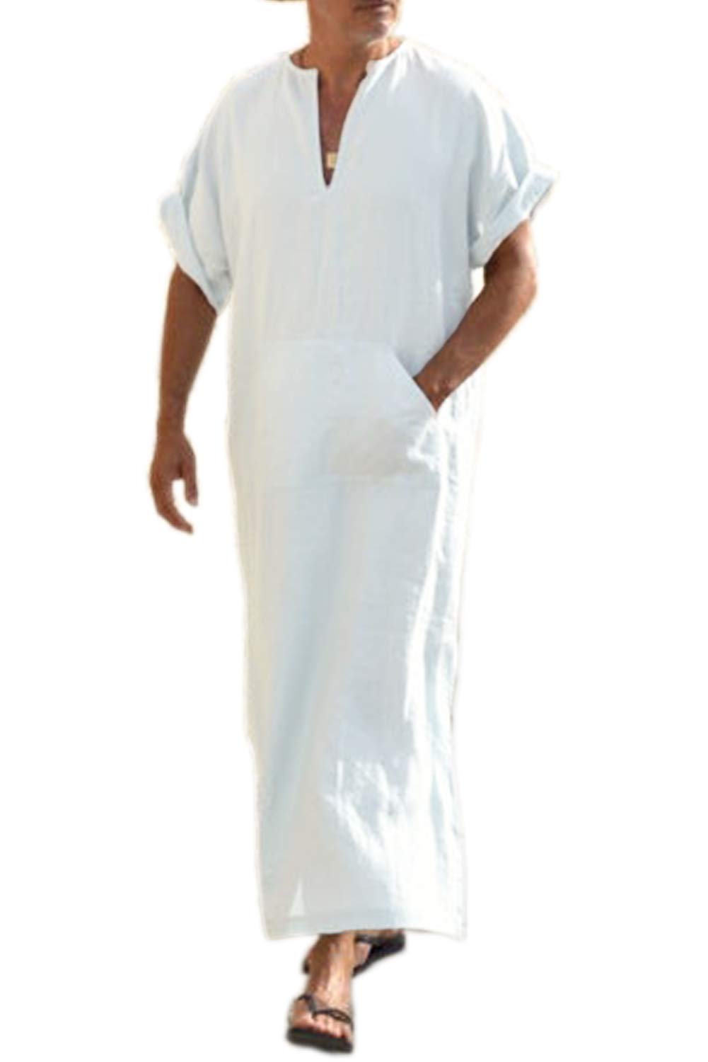 Men's V-Neck Linen Robe Short Sleeve Kaftan Thobe Long Gown Casual Shirt for Beach, Summer