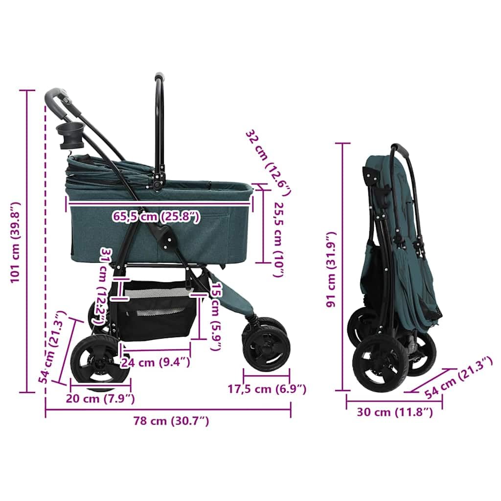 Passeggino pieghevole per animali domestici, verde, in poliestere, 78 x 54 x 101 cm, con rete, parapioggia, pieghevole e leggero, per cani, passeggino per gatti, ideale per esterni e