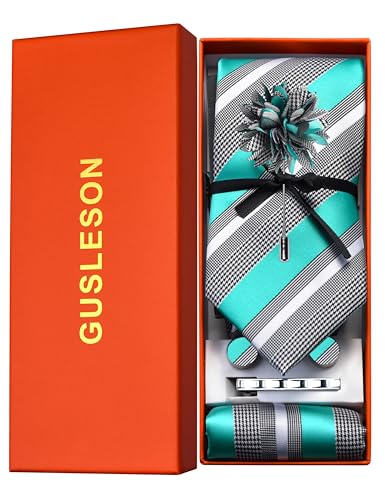 Image of GUSLESON Men's 5-pc Striped Tie Gift Set - Jacquard Necktie, Pocket Square, Cufflinks, Lapel Pin, Tie Clip - Wedding Formal Gifts