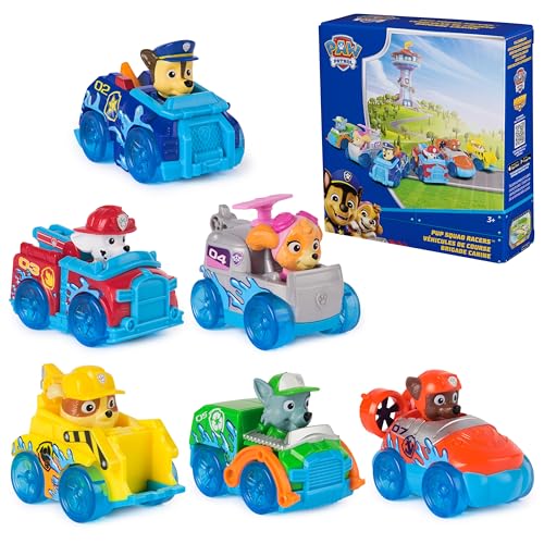 Image of PAW Patrol Pup Squad Racers 6-Pack Collectible Toy Car Vehicles | 6-Pack Collection Splash Styled Toy Cars, Real Working Wheels, Chase, Marshall, Skye, Rubble, Rocky, Zuma, Kids Toys Ages 3+