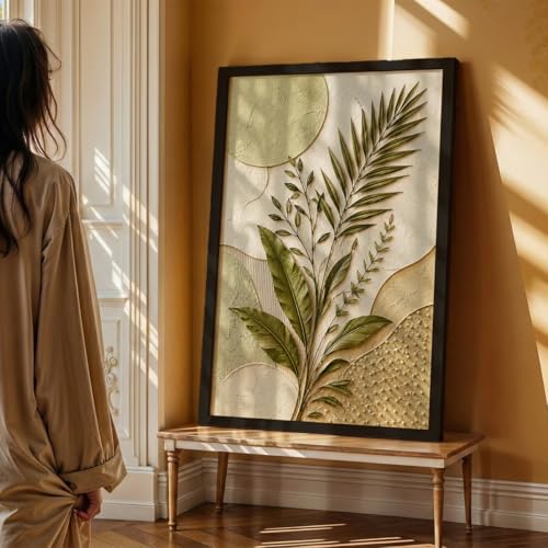 Image of NoWorries 3D Botanical Leaf Wall Painting with Frame Set of 1 | Premium Textured Green Palm Leaf Artwork, Modern Nature Wall Decor for Living Room, Bedroom, Office and Home Decoration (3d Art-14,13x19inch)