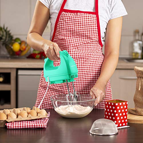 Image of OVENTE Portable Electric Hand Mixer 5 Speed Mixing, 150W Powerful Blender for Baking & Cooking with 2 Stainless Steel Chrome Beater Attachments & Snap Clear Case Compact Easy Storage, Turquoise HM161T
