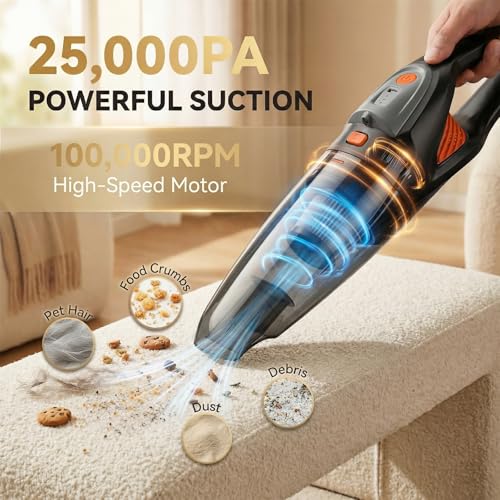Image of Handheld Vacuum Cordless, 25000Pa Powerful Suction Car Vacuum Portable Cordless with 8000mAh Battery & LED Light, Hand Held Vacuum Rechargeable with HEPA Filters, Home, Car Seats, Pet Hair Orange