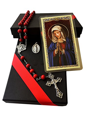 Rose Scented 7Mm Red Wood Beads Rosary Gift Set (Includes Miraculous Medal And Our Lady Of The Rosary Holy Card With Prayer) #TOP1