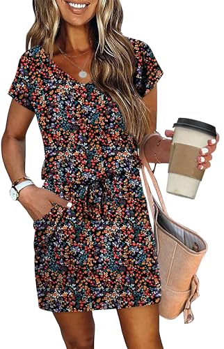 Image of OFEEFAN Summer Dresses for Women 2026 V Neck T Shirt Casual Mini Dresses Tie Waist Sundresses with Pockets