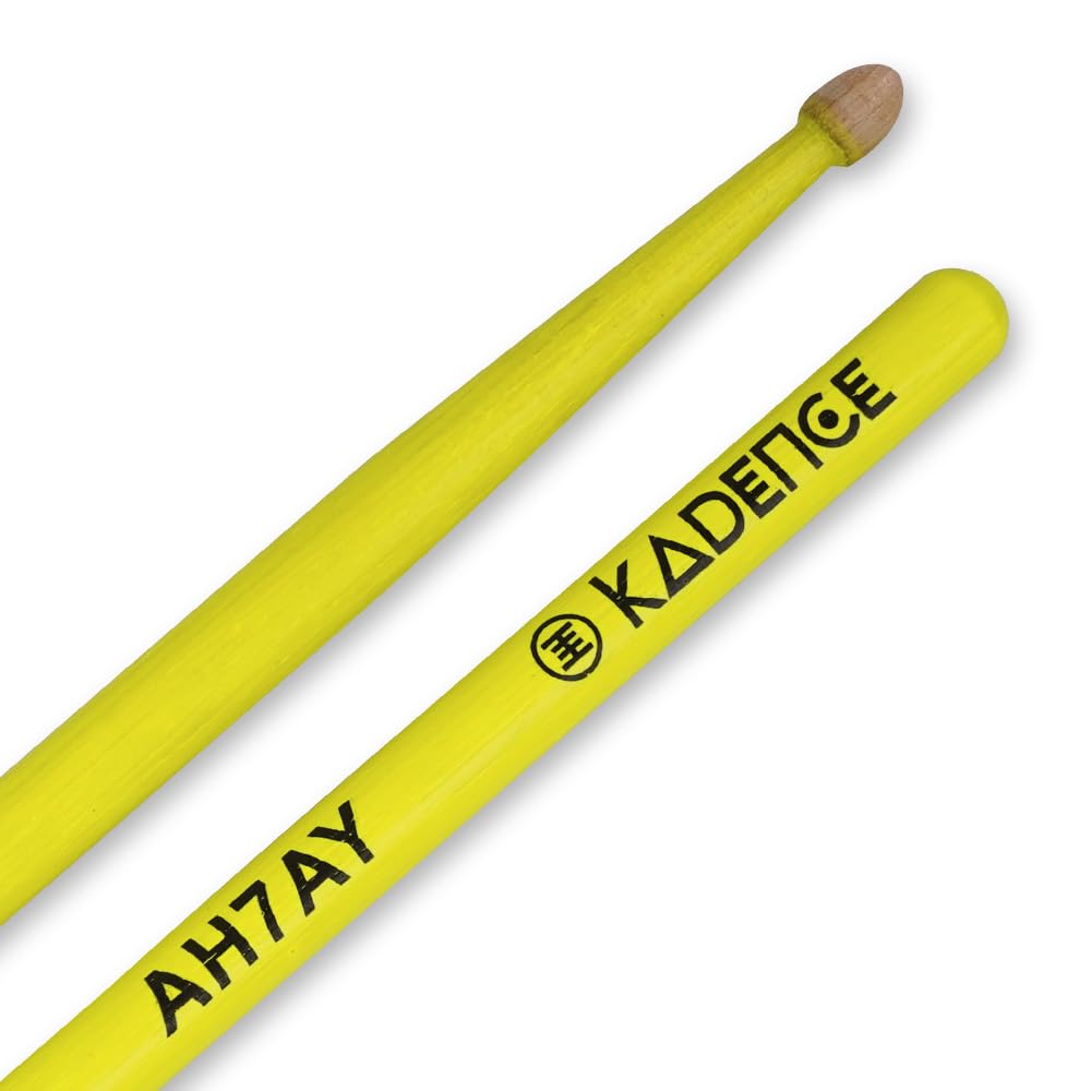 Kadence AH7AY Touring Series Neon 7A Drumsticks | Premium American Hickory Wood | Acorn Tip with Smooth Matte Finish | Includes Protective Plastic Case | Yellow