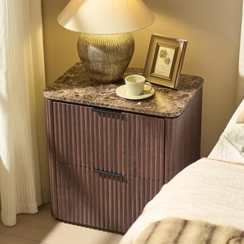 Image of Curved Fluted Nightstand Set of 2, Faux Marble Top, Dark Oak
